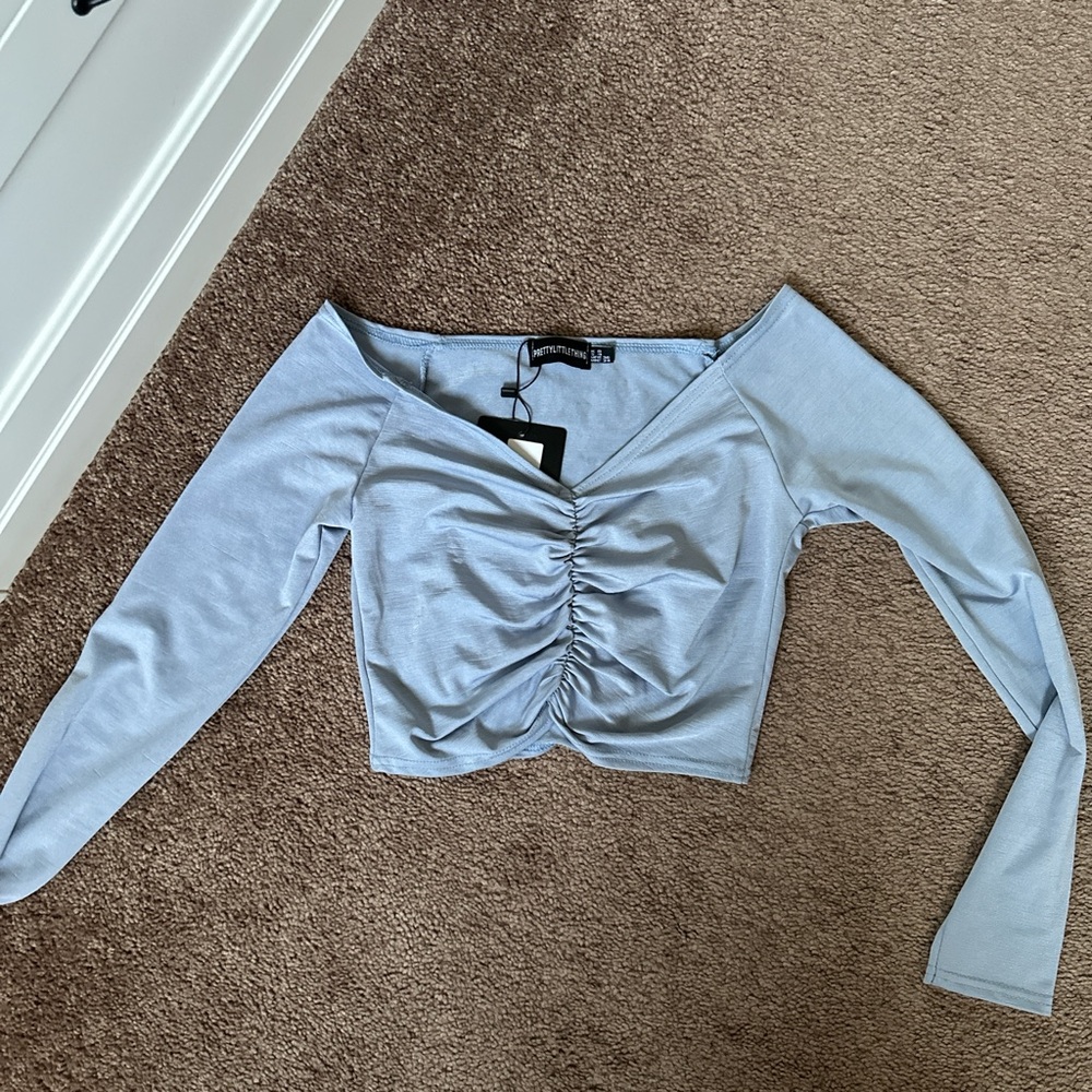 PrettyLittleThing Blue Ruched Crop Blouse